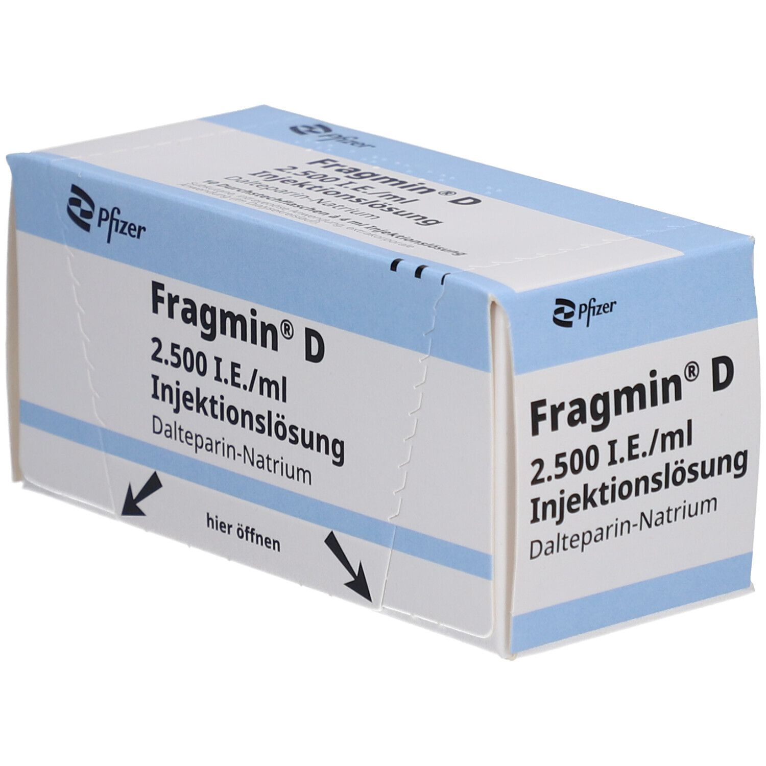 Fragmin D-Schachtel, Ansicht von zwei Seiten. 2.500 I.E./ml Injektionslösung. Pfizer-Logo. Text auf Deutsch.
