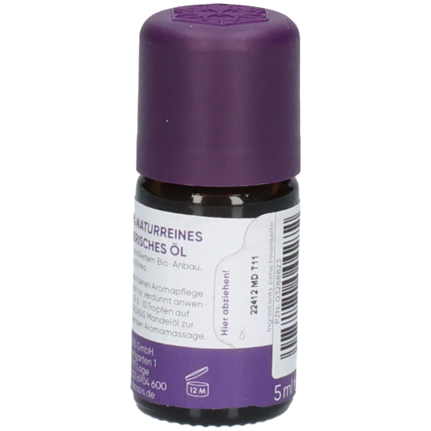 Braune Glasflasche mit lila Verschluss. Etikett mit Produktinformationen und 5ml-Angabe.