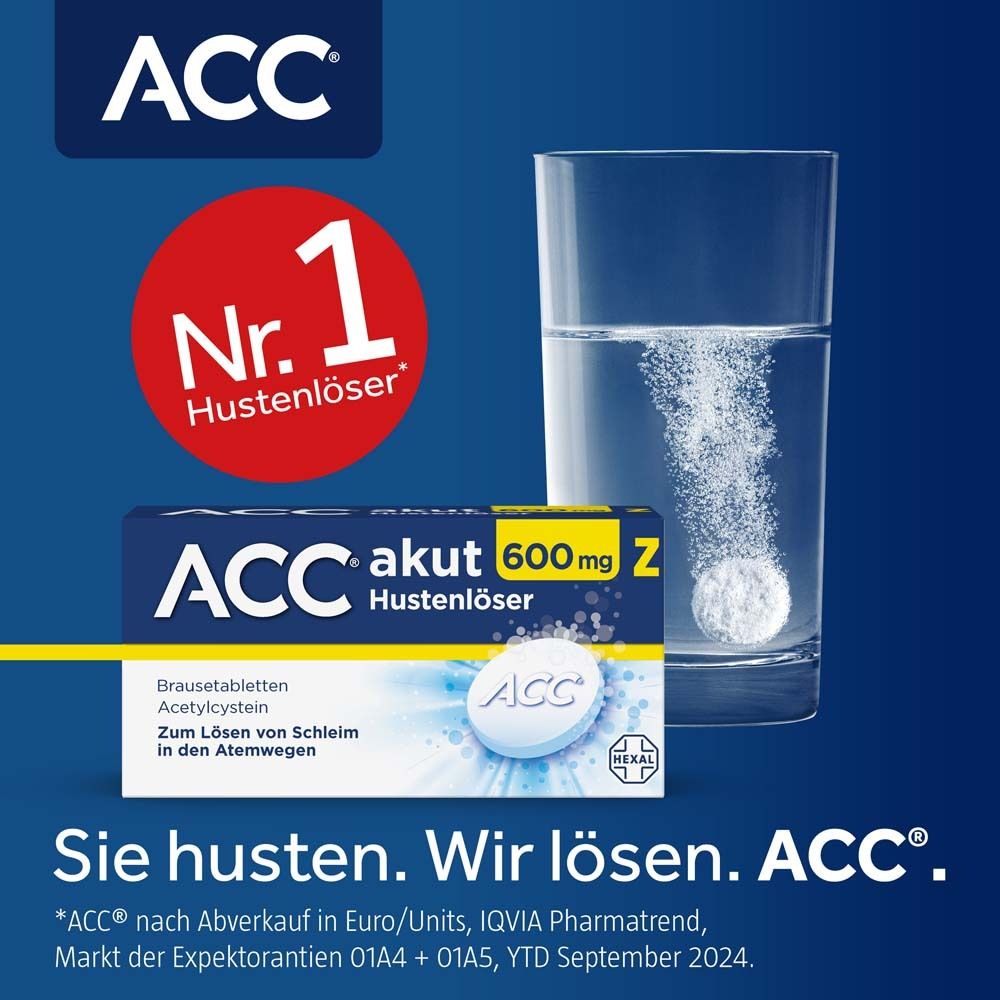 Glas Wasser, Brausetablette. ACC akut 600 mg Z, Hustenlöser. Nr. 1 Hustenlöser. Marke ACC.