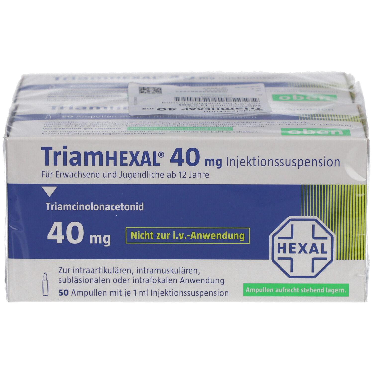 TriamHEXAL 40 mg Injektionssuspension, verpackt in Folie. Weiße Schachtel mit blauer Fläche. Text: Triamcinolonacetonid, 40 mg, HEXAL-Logo.
