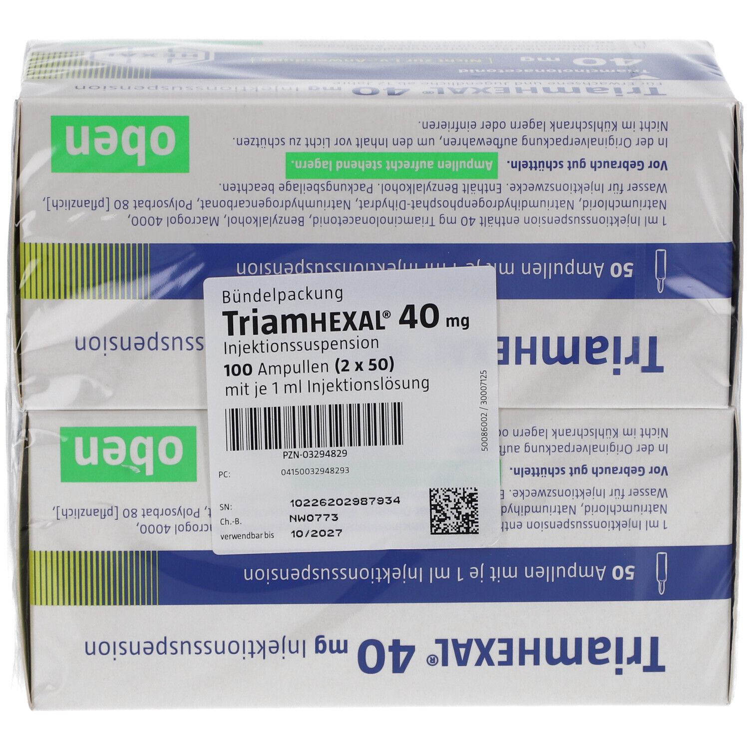Zwei verpackte Kartons TriamHEXAL 40 mg. Weiße Schachteln mit blauer Fläche. Text: Triamcinolonacetonid, 40 mg, HEXAL-Logo. 100 Ampullen.