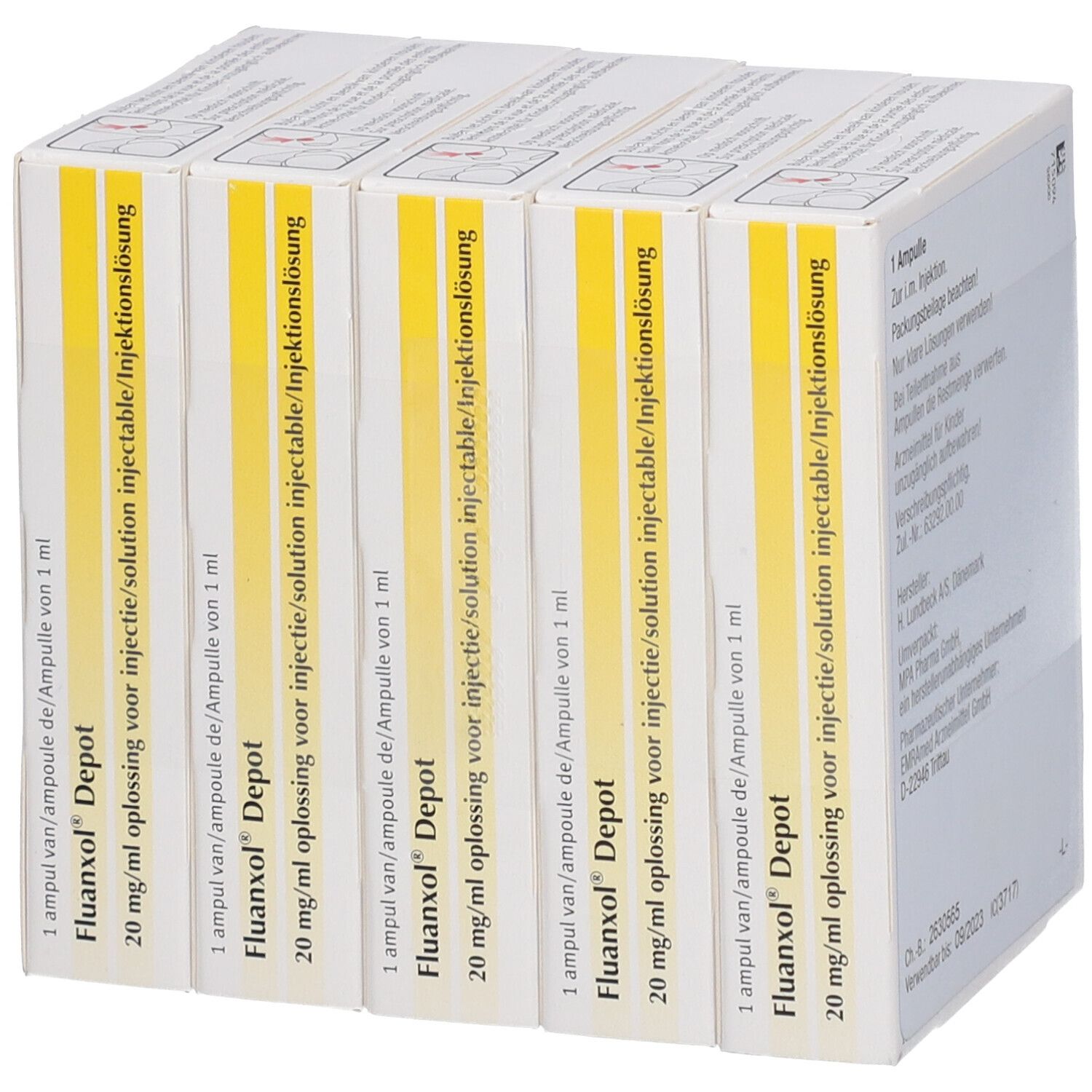 Fünf Packungen Fluanxol Depot. Aufdruck: 20 mg/ml Injektionslösung. Hersteller: H. Lundbeck. Gelber Streifen.
