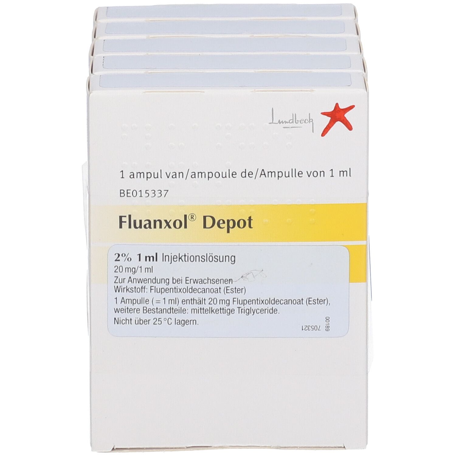Packung Fluanxol Depot. Aufdruck: 2%, 1 ml Injektionslösung, 20 mg/ml. Hersteller: H. Lundbeck. Rote Sternmarke.