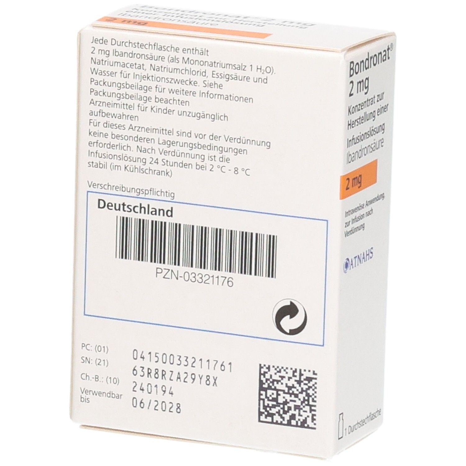 Rückseite der Bondronat 2 mg Verpackung mit Chargennummer und Verfallsdatum.