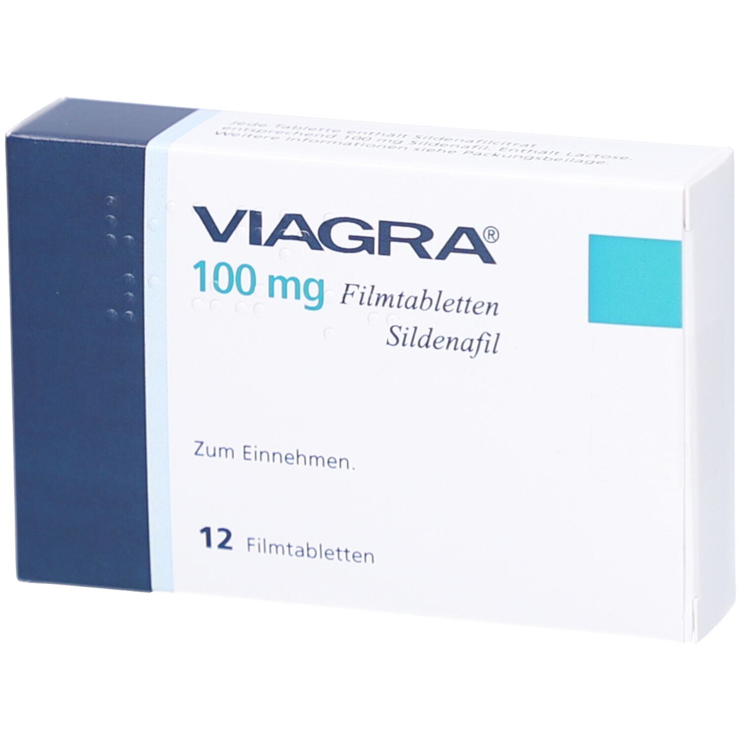 Schachtel mit VIAGRA 100 mg Filmtabletten. Blaue und weiße Verpackung. Schriftzug VIAGRA, 100 mg, Filmtabletten, Sildenafil.