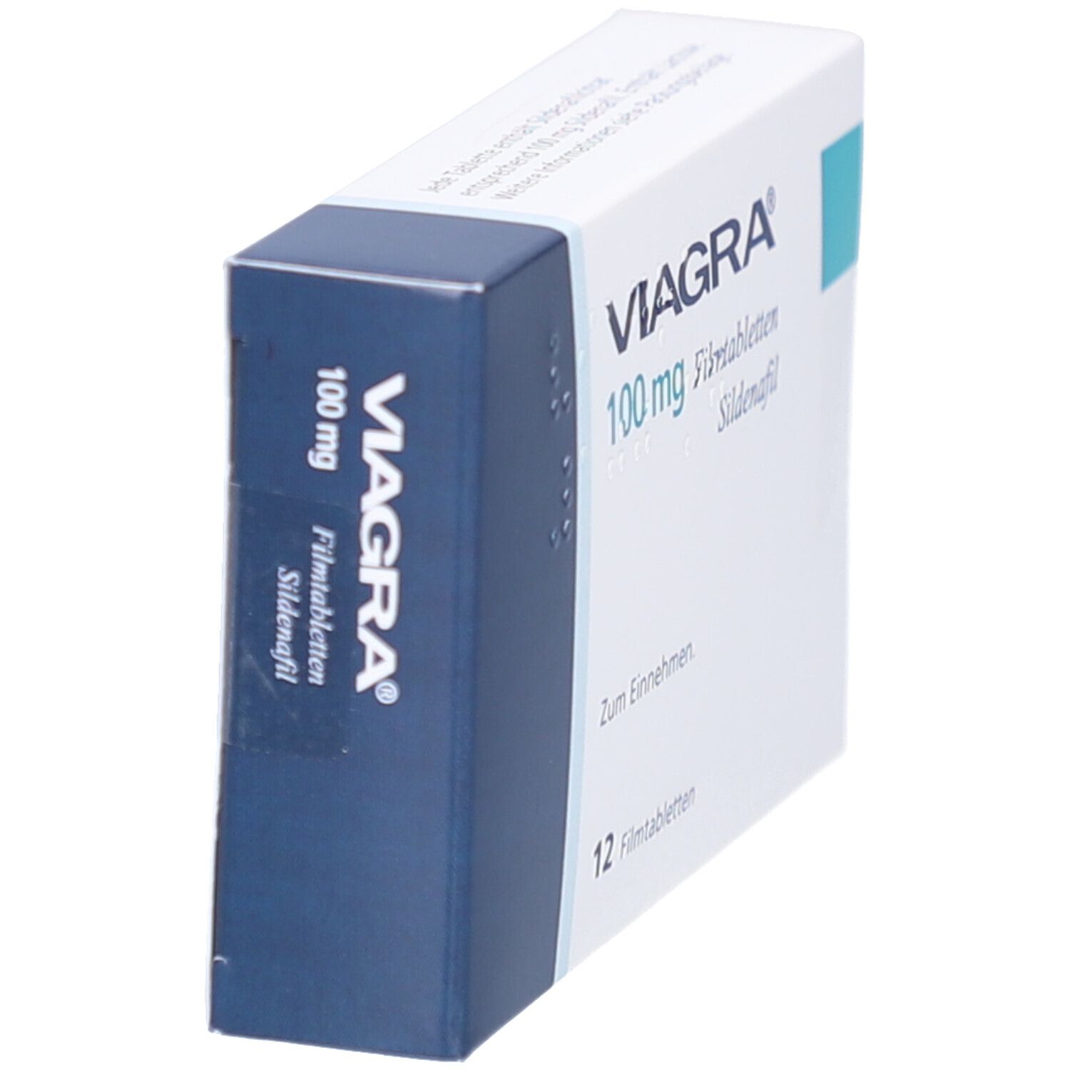 Schachtel mit VIAGRA 100 mg Filmtabletten. Blaue und weiße Verpackung. Schriftzug VIAGRA, 100 mg, Filmtabletten, Sildenafil.