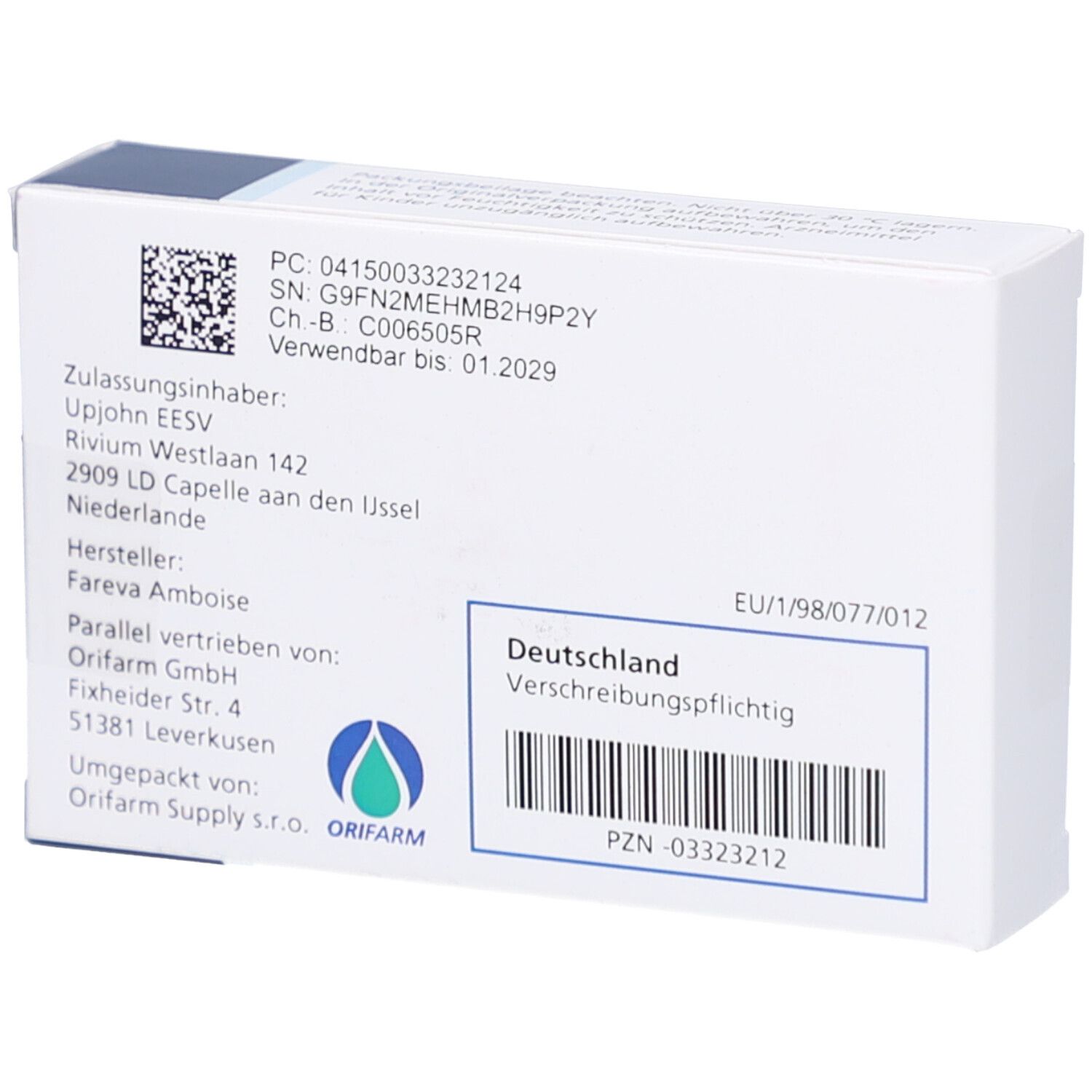 Rückseite der Schachtel mit VIAGRA. Text: Zulassungsinhaber, Hersteller, Parallelvertrieb, Deutschland, Verschreibungspflichtig, Barcode.