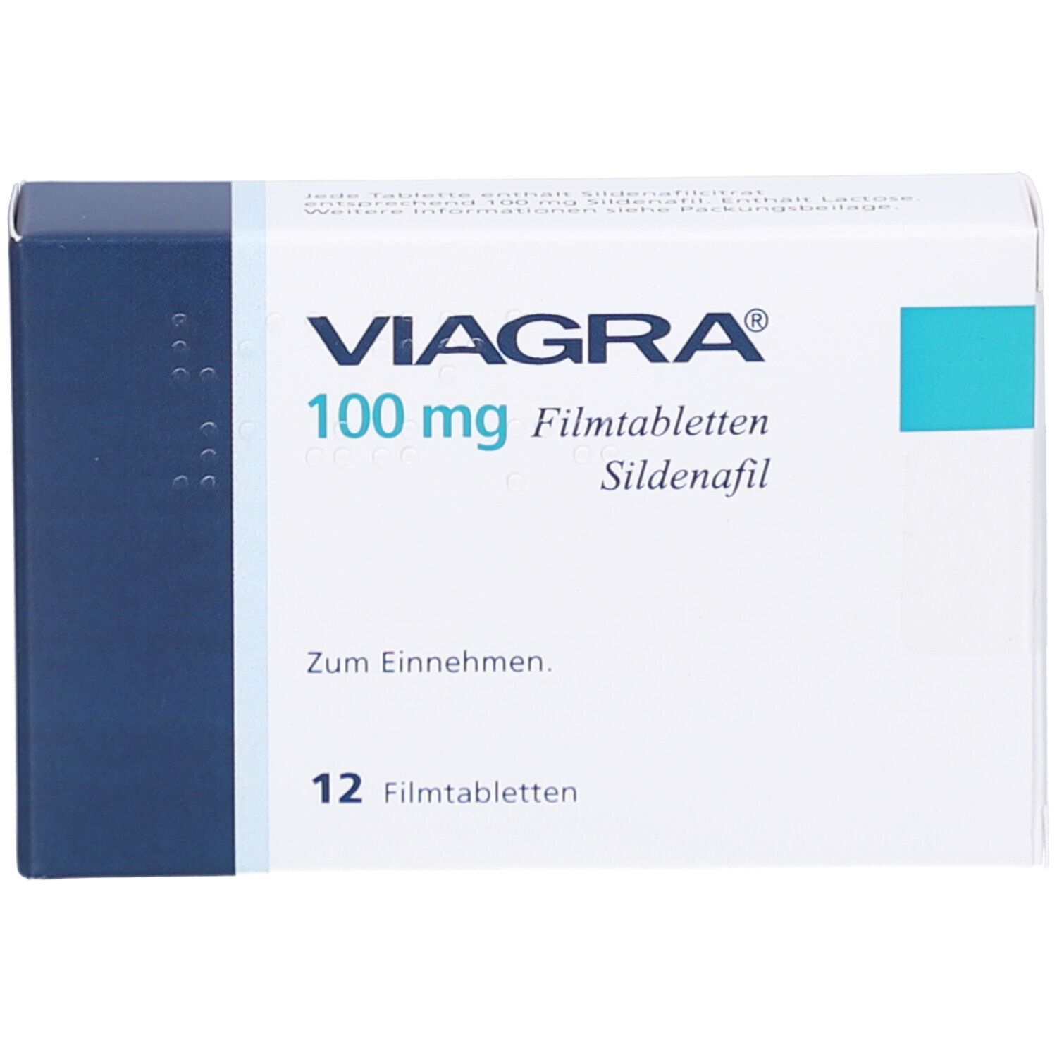Schachtel mit VIAGRA 100 mg Filmtabletten. Blaue und weiße Verpackung. Schriftzug VIAGRA, 100 mg, Filmtabletten, Sildenafil.