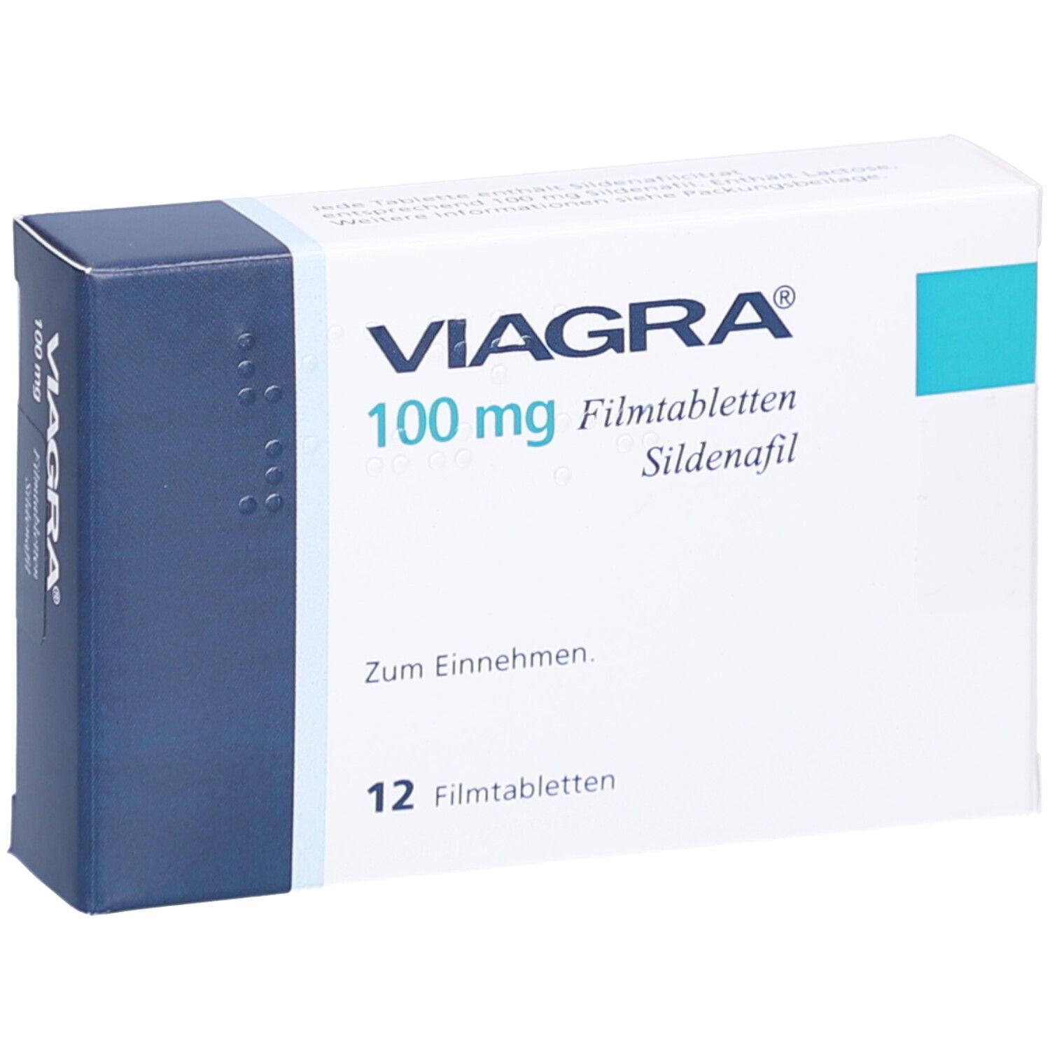 Schachtel mit VIAGRA 100 mg Filmtabletten. Blaue und weiße Verpackung. Schriftzug VIAGRA, 100 mg, Filmtabletten, Sildenafil.