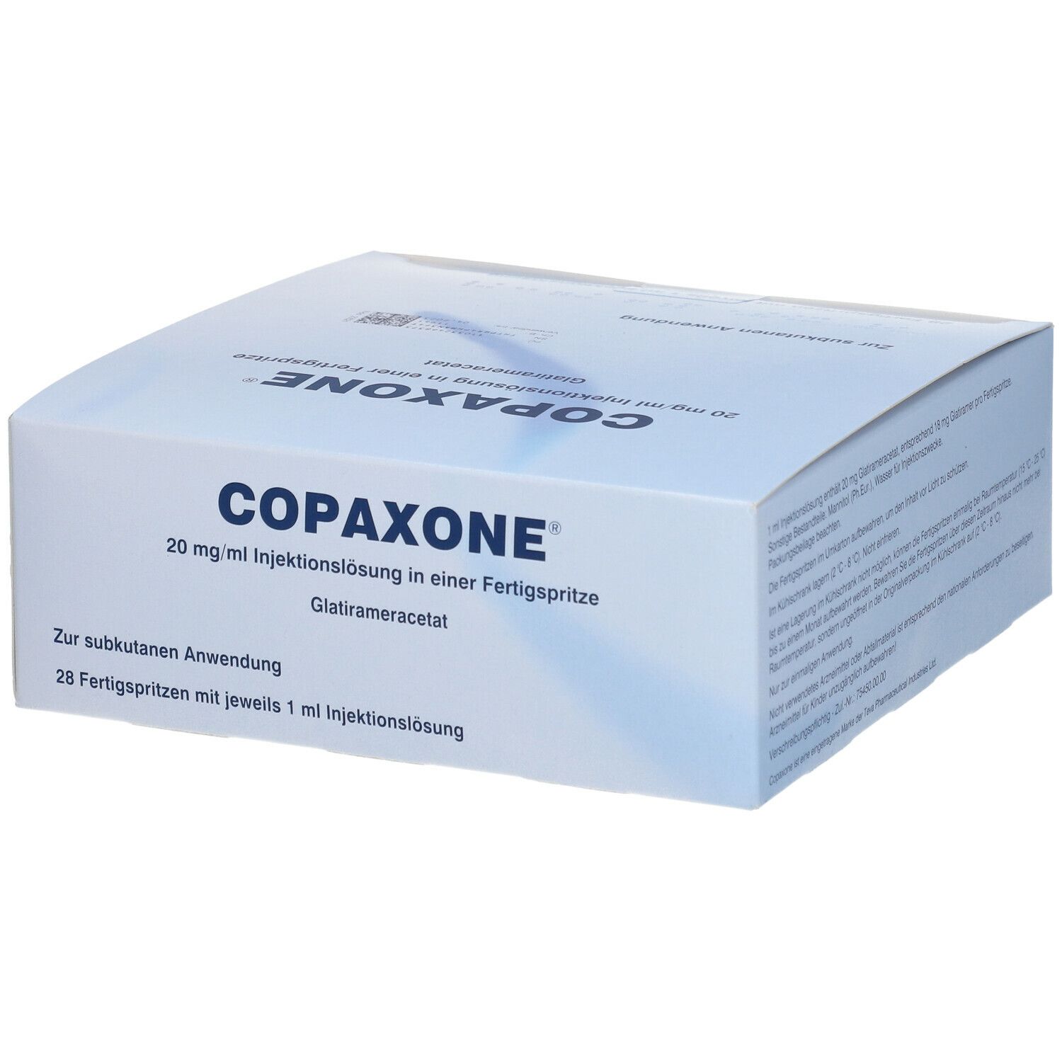 COPAXONE 20 mg/ml Injektionslösung in einer Fertigspritze. Blaue und weiße Schachtel mit Produktinformationen und Barcode.