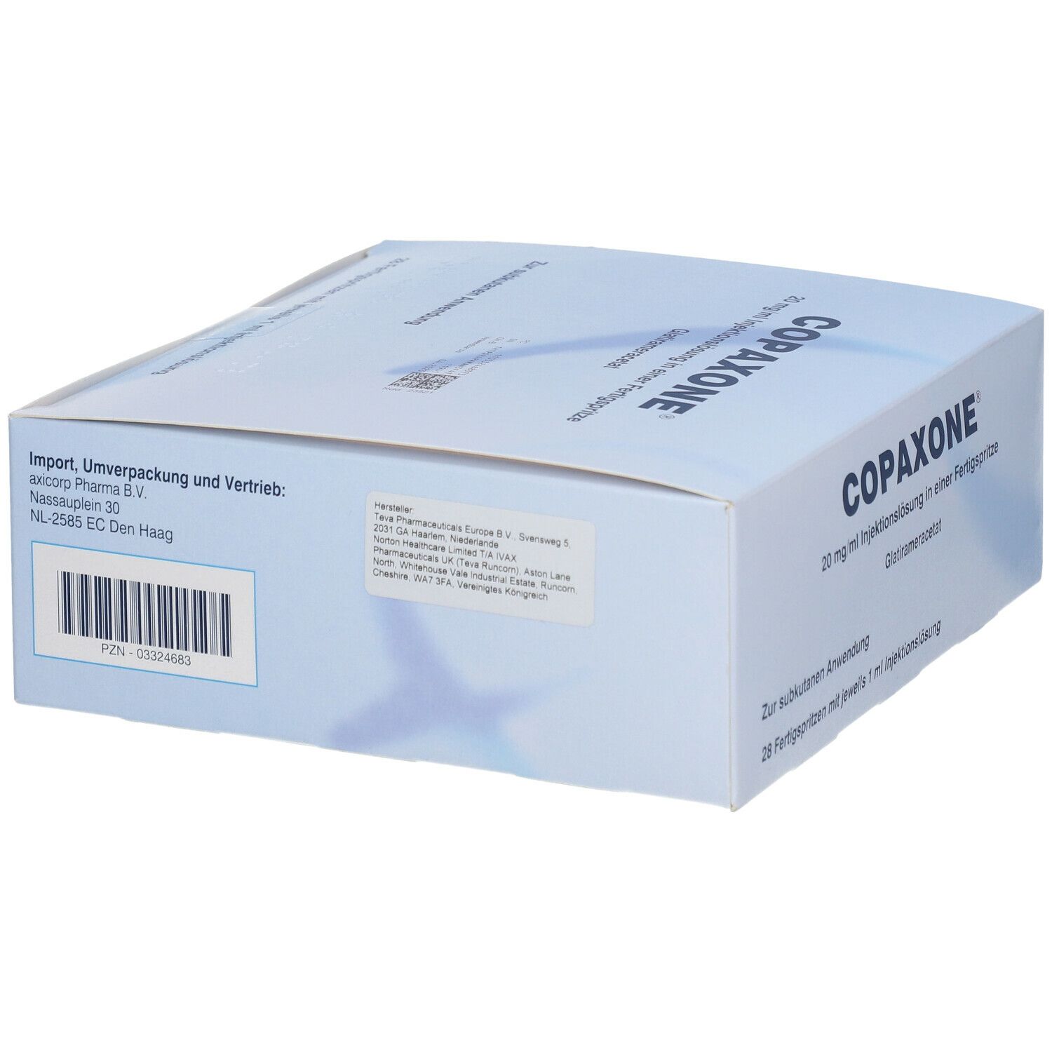 COPAXONE-Verpackung mit Produktinformationen und Barcode. Blaue und weiße Schachtel mit Text in Deutsch. Import- und Vertriebsinformationen.