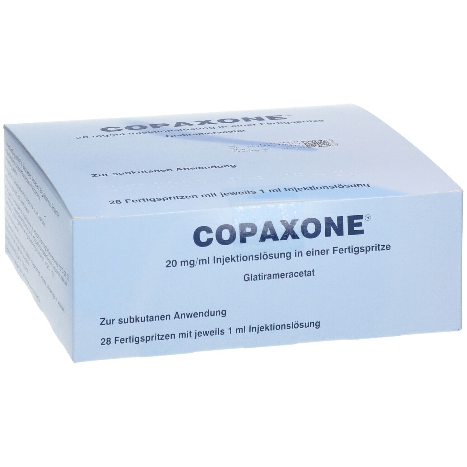 Schachtel mit COPAXONE 20 mg/ml Injektionslösung. Enthält 28 Fertigspritzen. Blaue und weiße Verpackung mit Produktinformationen.