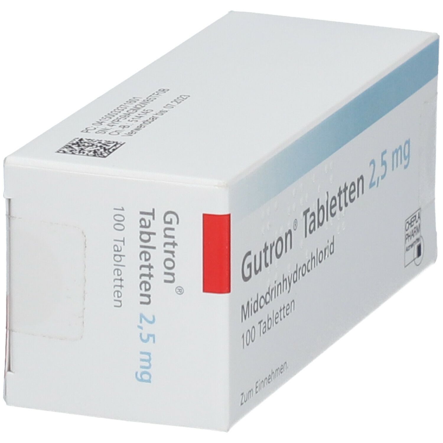 Schräg gestellte weiße Tablettenbox. Aufschrift: Gutron Tabletten 2,5 mg, 100 Tabletten. Roter Streifen.
