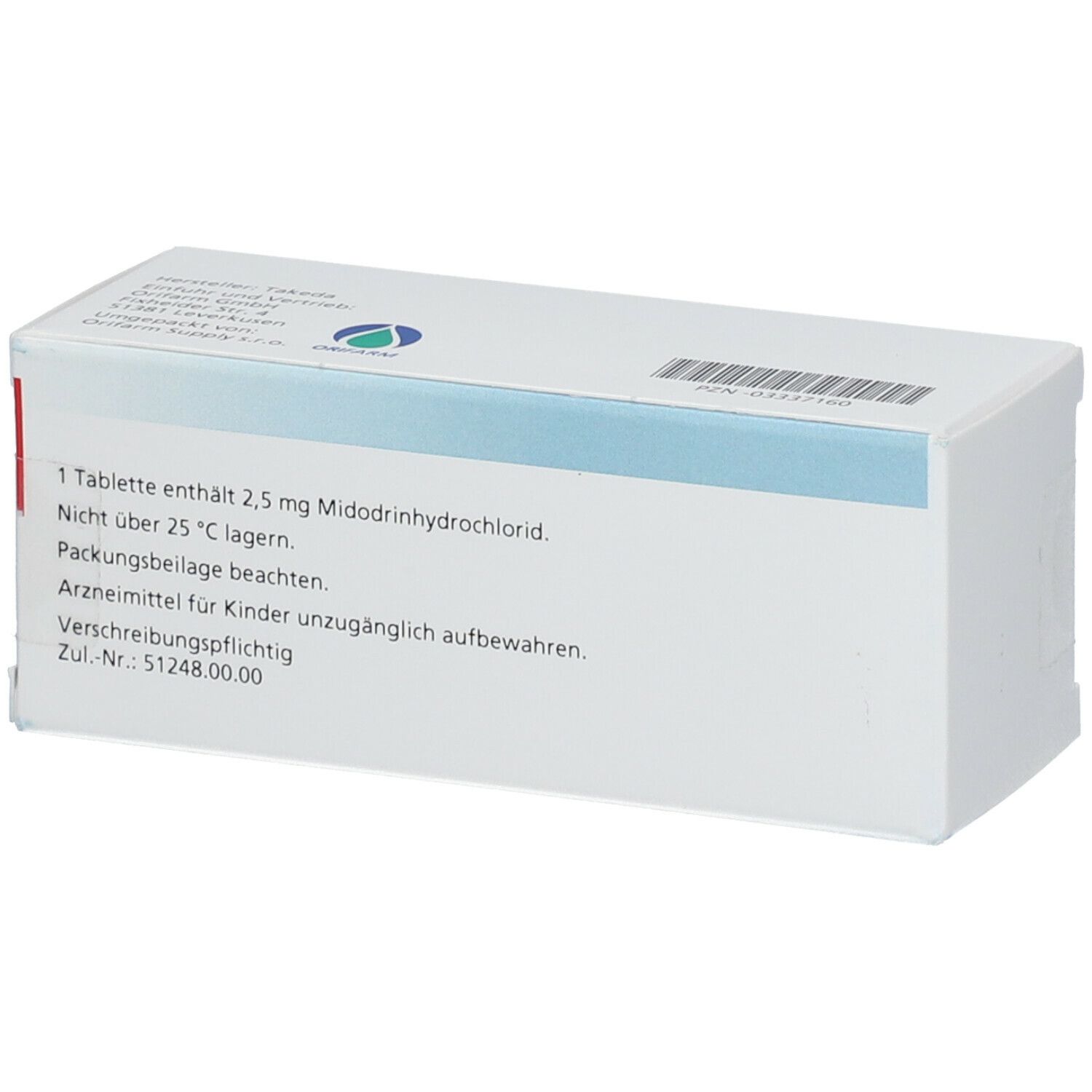 Weiße Tablettenbox, Rückseite. Text: 1 Tablette enthält 2,5 mg Midodrinhydrochlorid. Zul.-Nr.: 51248.00.00.