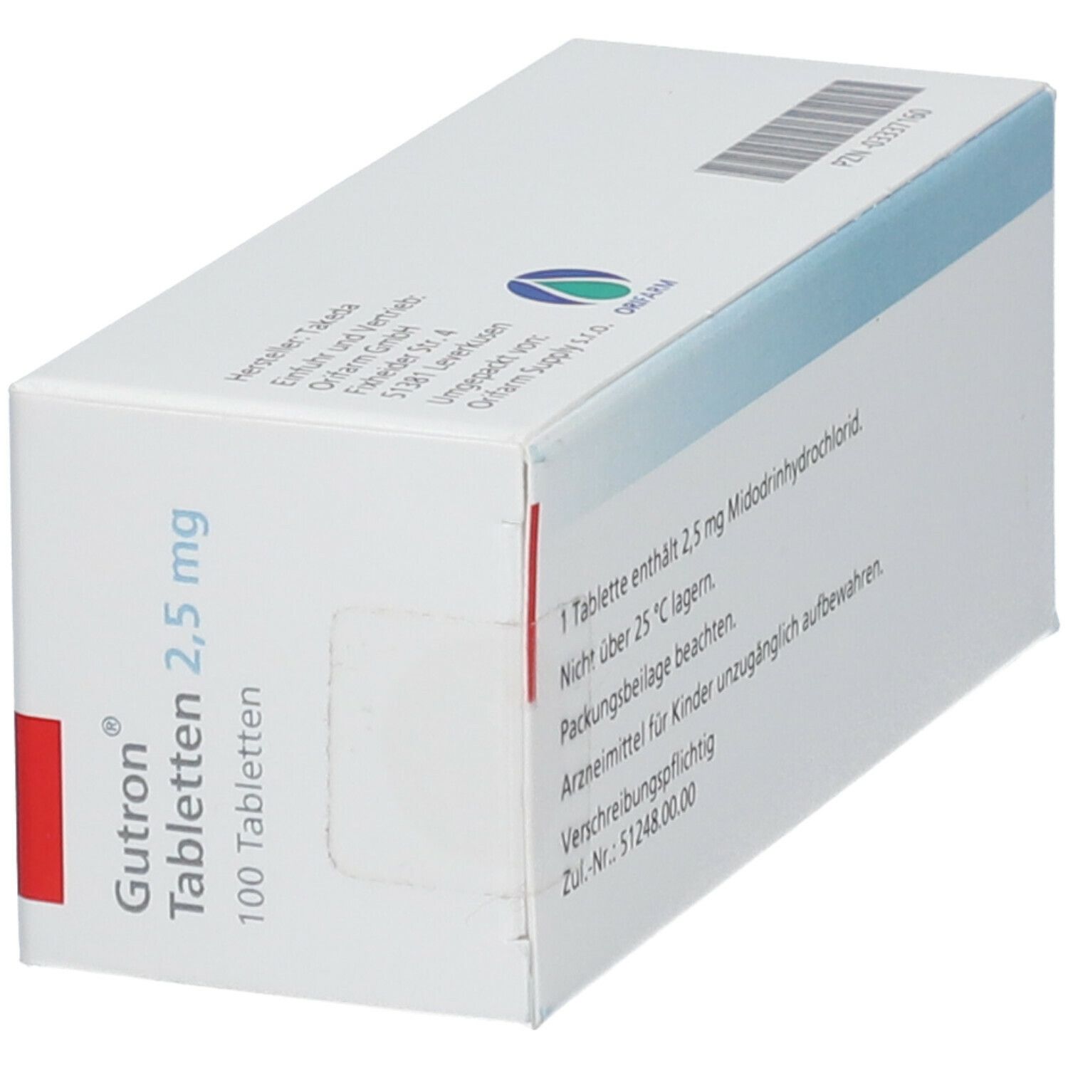 Schräg gestellte weiße Tablettenbox, Rückseite. Text: 1 Tablette enthält 2,5 mg Midodrinhydrochlorid.