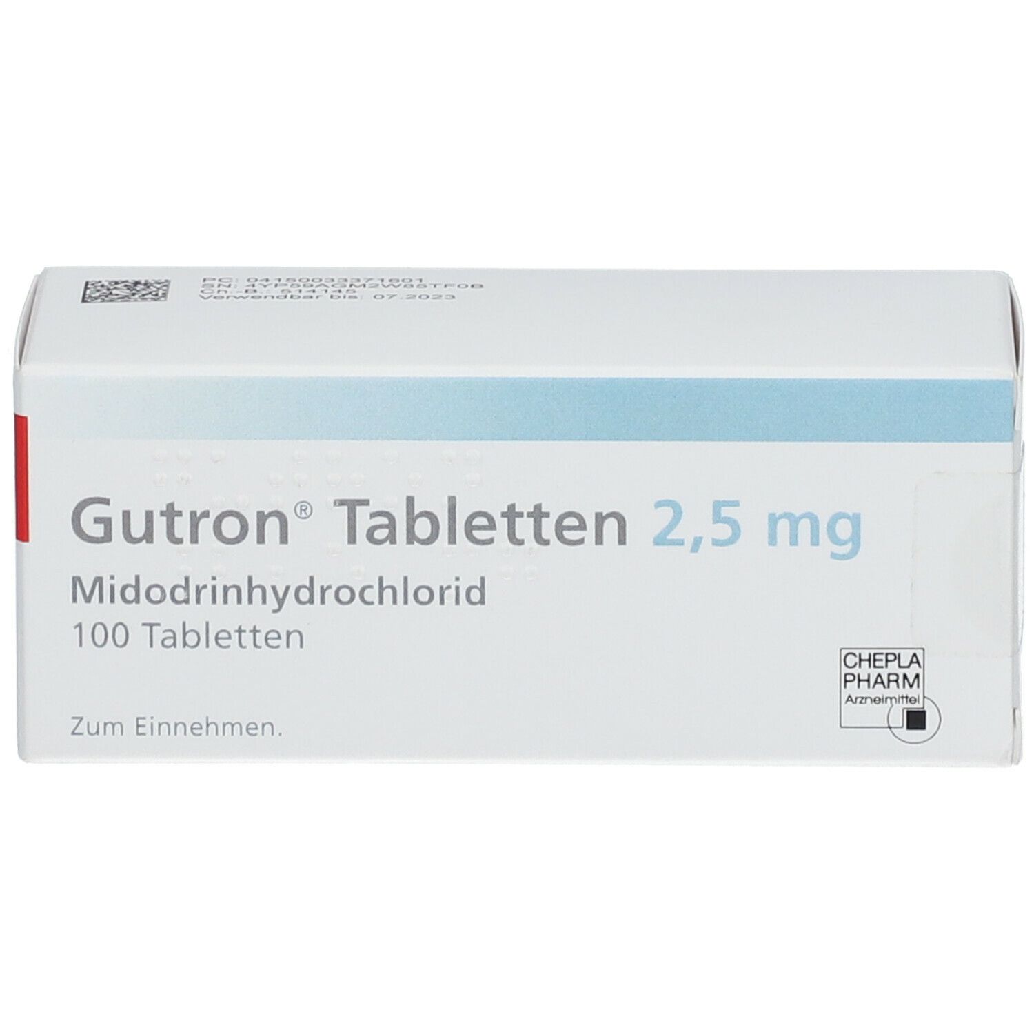 Weiße Tablettenbox mit blauer Linie. Aufschrift: Gutron Tabletten 2,5 mg, 100 Tabletten. CHEPLA PHARM Logo.