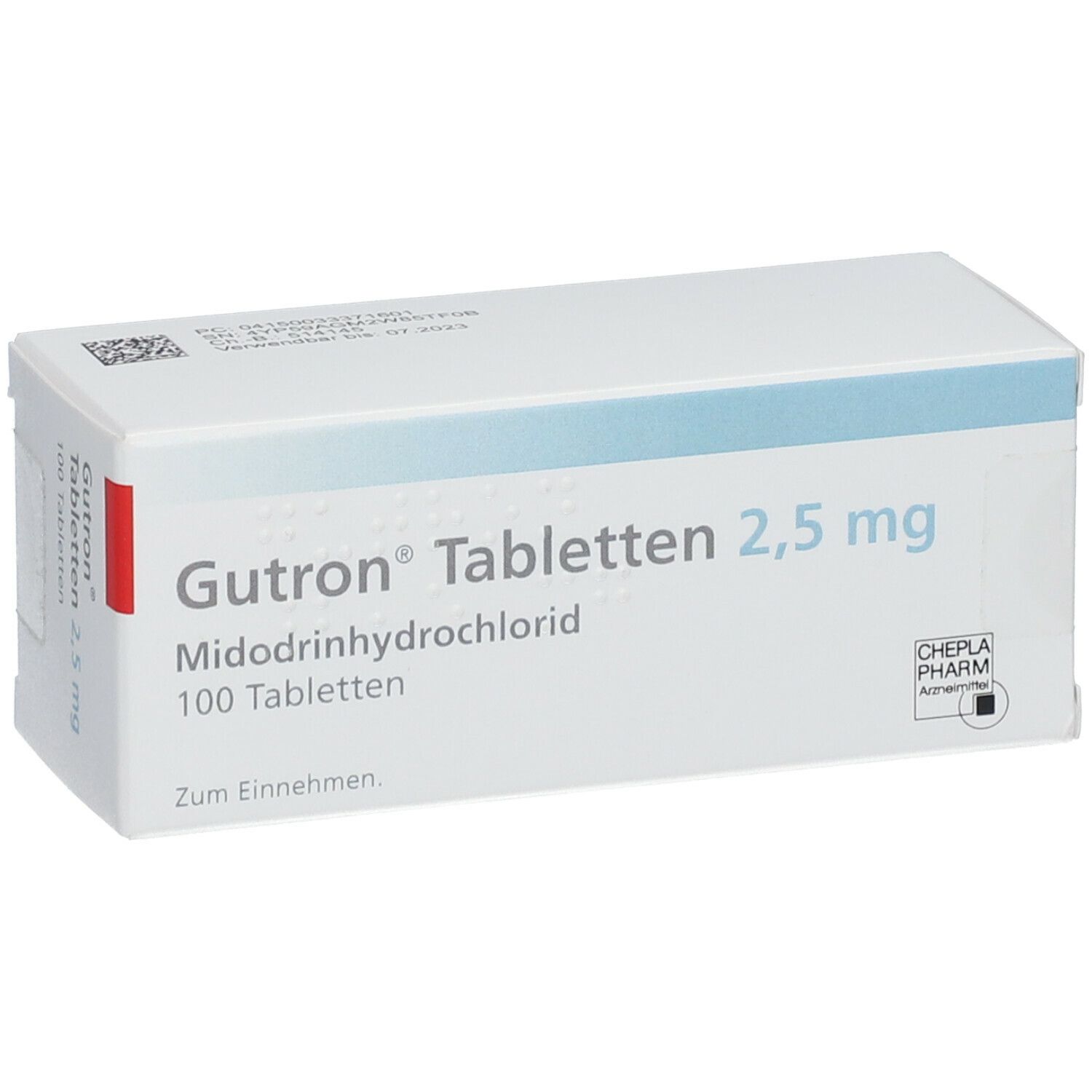 Weiße Tablettenbox mit blauer Linie. Aufschrift: Gutron Tabletten 2,5 mg, 100 Tabletten. CHEPLA PHARM Logo.