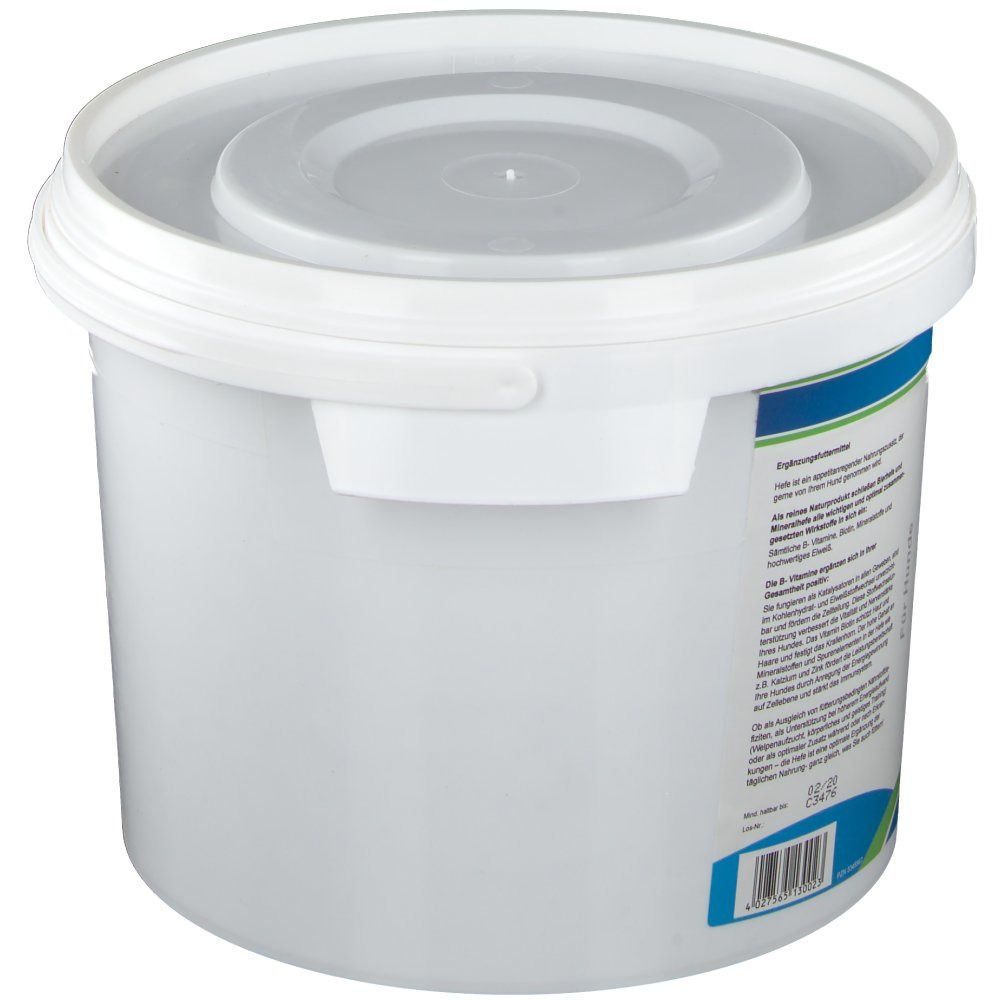 Weißer Eimer mit Deckel. Rückseite mit Text und Barcode. Der Eimer hat einen weißen Deckel und einen Griff.