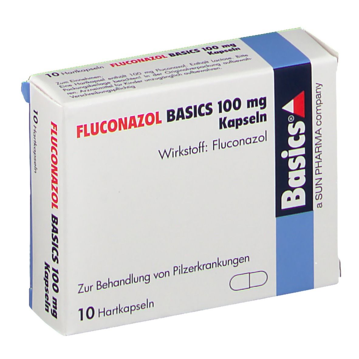 Schachtel mit FLUCONAZOL BASICS 100 mg Kapseln. Aufschrift: Wirkstoff: Fluconazol. 10 Hartkapseln. Basics-Logo.
