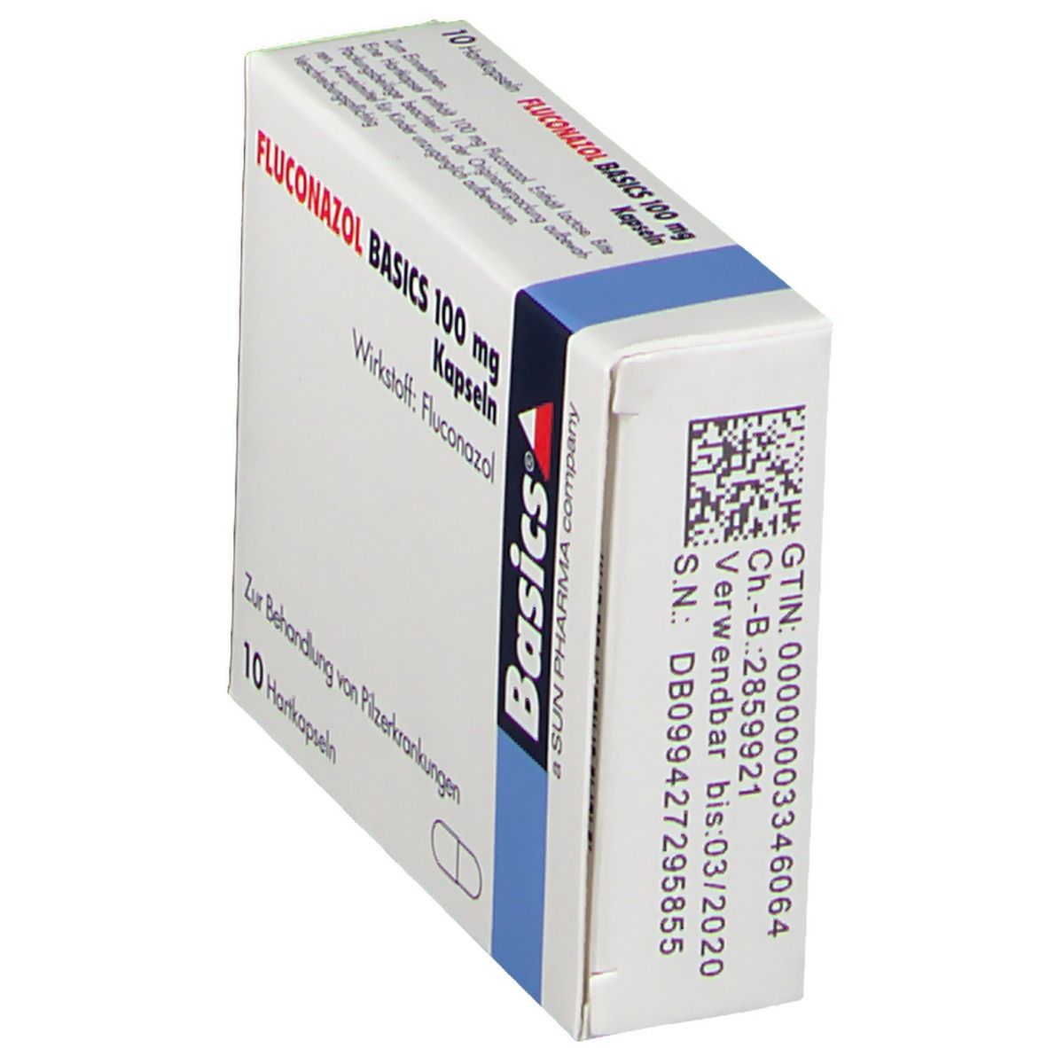 Schachtel FLUCONAZOL BASICS 100 mg Kapseln. Aufschrift: Wirkstoff: Fluconazol. 10 Hartkapseln. Basics-Logo. Barcode und GTIN.