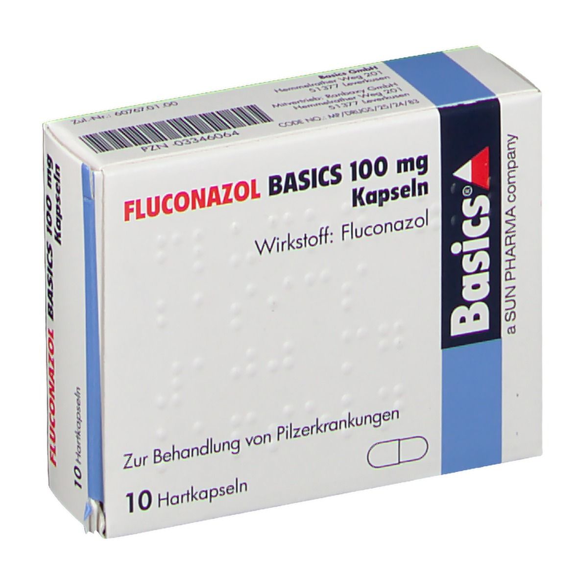 Schachtel mit FLUCONAZOL BASICS 100 mg Kapseln. Aufschrift: Wirkstoff: Fluconazol. 10 Hartkapseln. Basics-Logo.