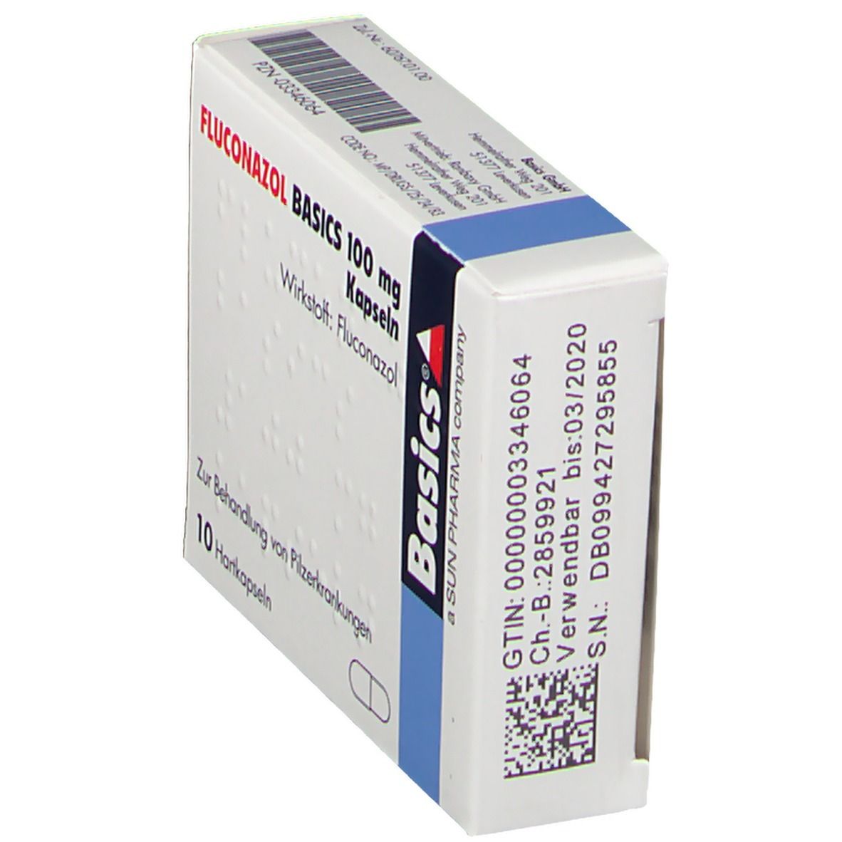 Schachtel FLUCONAZOL BASICS 100 mg Kapseln. Aufschrift: Wirkstoff: Fluconazol. 10 Hartkapseln. Basics-Logo. Barcode und GTIN.