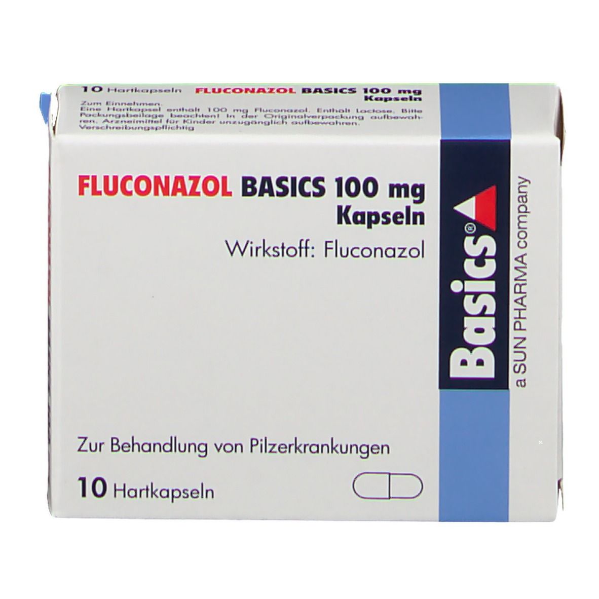 Schachtel mit FLUCONAZOL BASICS 100 mg Kapseln. Aufschrift: Wirkstoff: Fluconazol. 10 Hartkapseln. Basics-Logo.