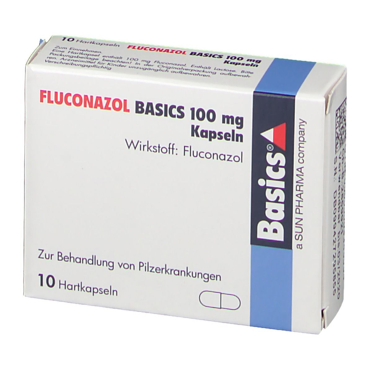 Schachtel mit FLUCONAZOL BASICS 100 mg Kapseln. Aufschrift: Wirkstoff: Fluconazol. 10 Hartkapseln. Basics-Logo.