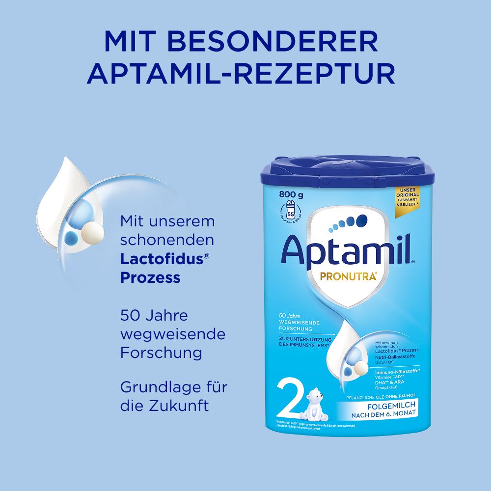 Aptamil Pronutra 2-Dose. Blaue Dose mit 800g Inhalt. Text: "Mit besonderer Aptamil-Rezeptur".