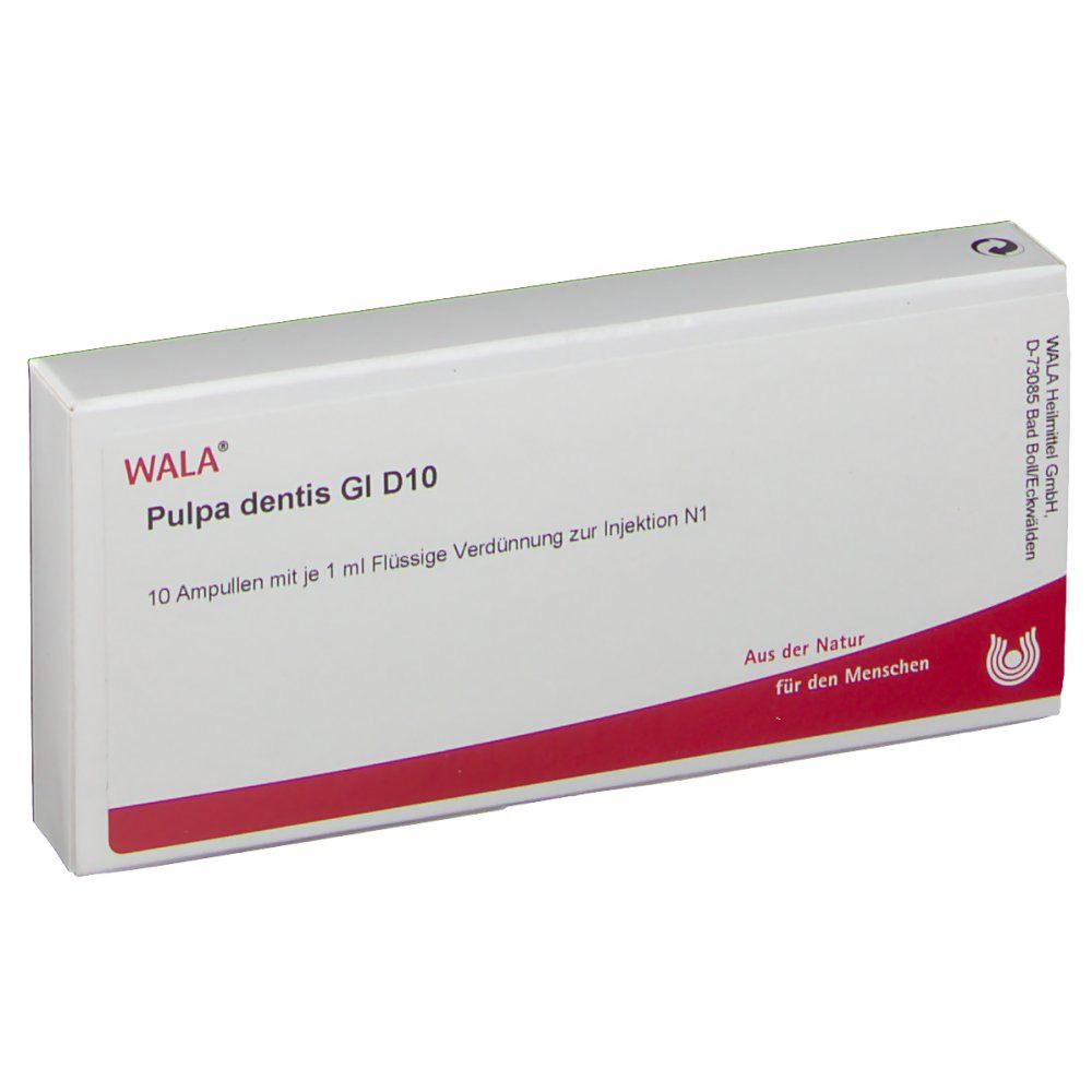 Weiße WALA-Schachtel mit roter Schrift. Aufschrift: Pulpa dentis Gl D10, 10 Ampullen mit je 1 ml. Logo und Text: Aus der Natur für den Menschen.