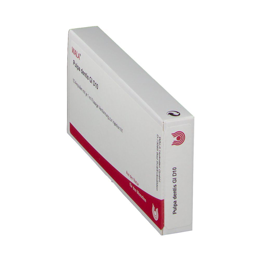 WALA-Schachtel, schräg von oben. Aufschrift: Pulpa dentis Gl D10, 10 Ampullen mit je 1 ml. Rotes Logo und Text: Für den Menschen.