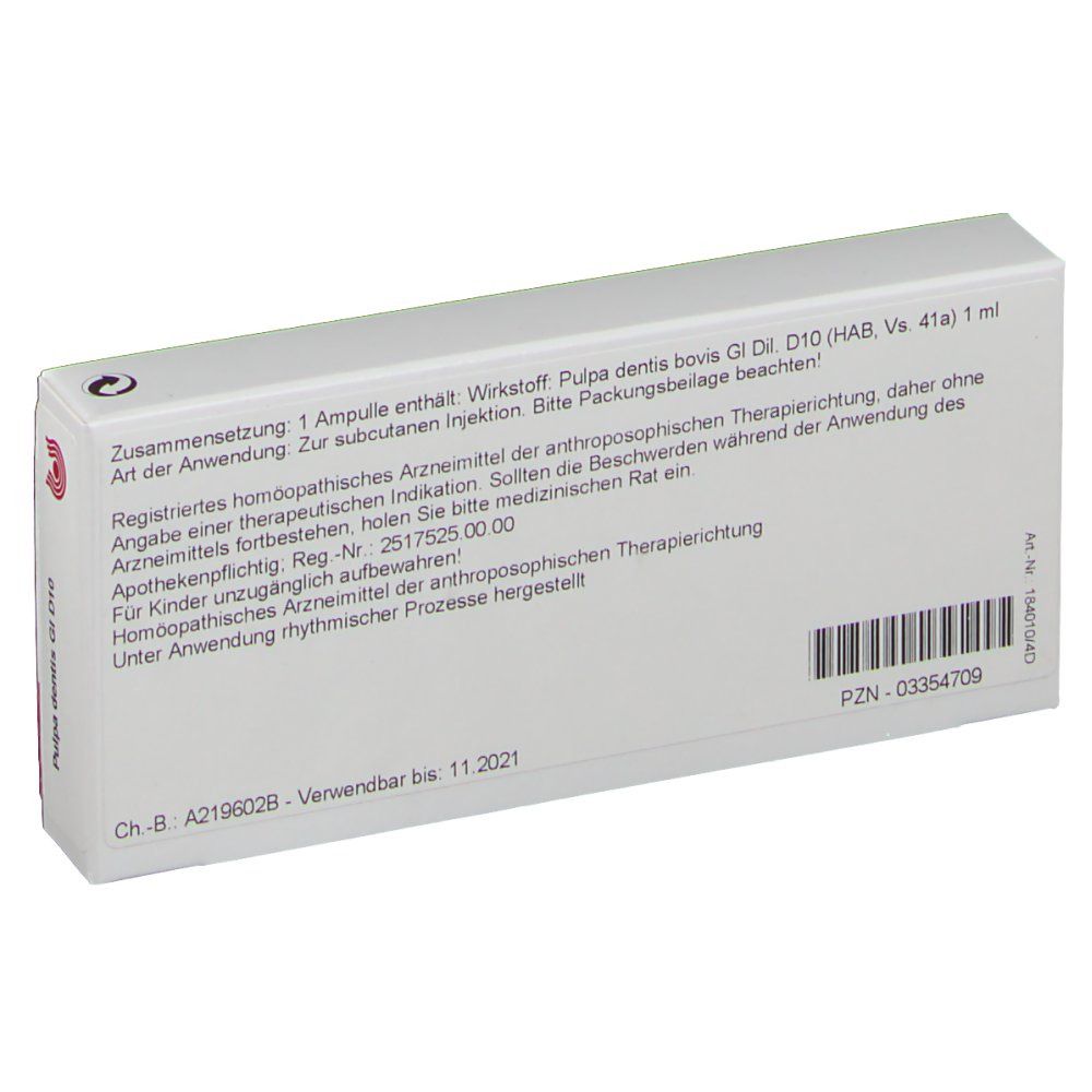 Rückseite der WALA-Schachtel. Text: Zusammensetzung, Art der Anwendung, Hinweise. PZN-Nummer und Verfallsdatum. Barcode.