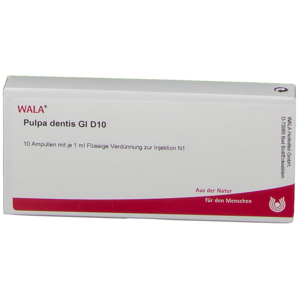 WALA-Schachtel mit roter Schrift. Aufschrift: Pulpa dentis Gl D10, 10 Ampullen mit je 1 ml. Logo und Text: Aus der Natur für den Menschen.