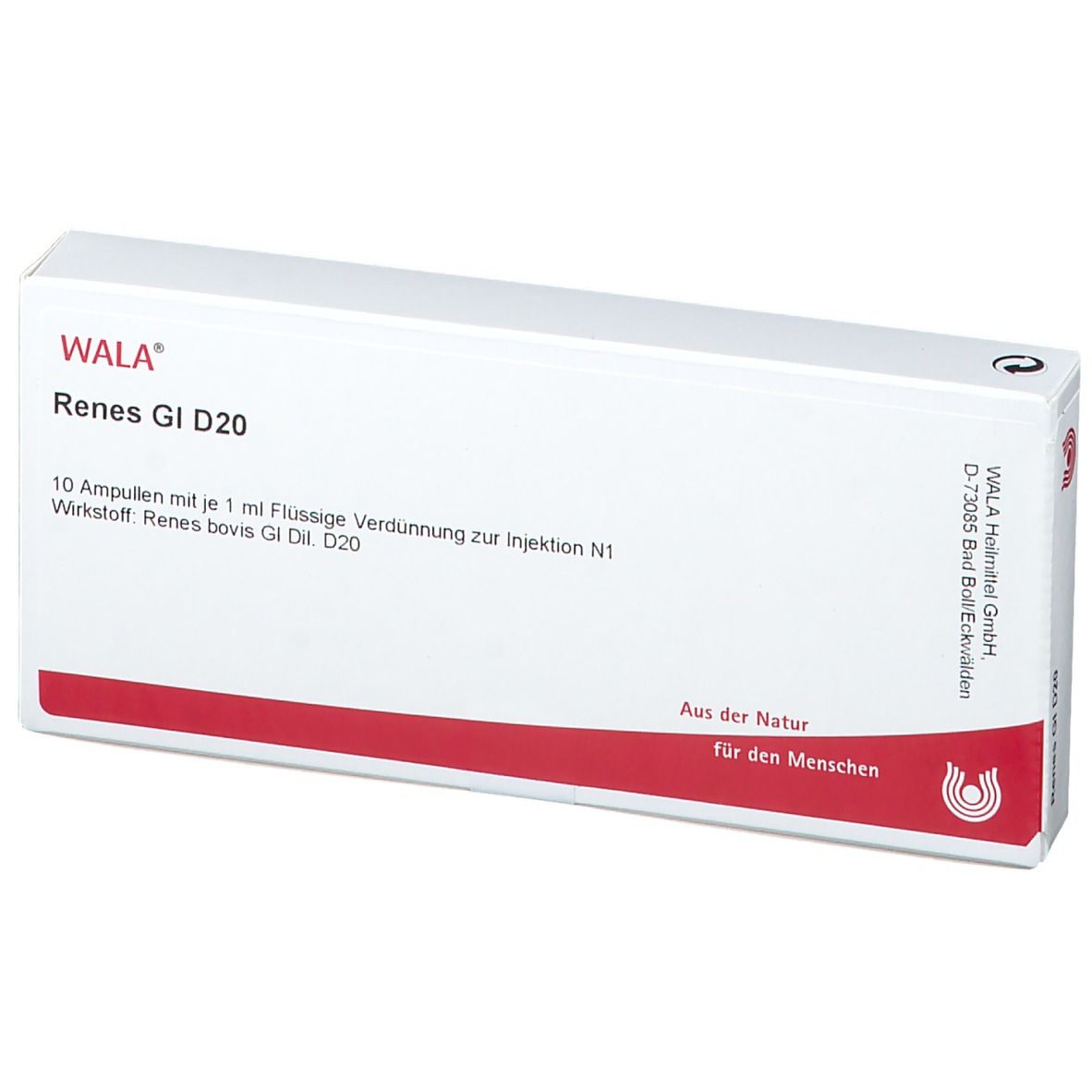 Weiße Schachtel mit rotem Streifen. Aufschrift: WALA® Renes Gl D20. Text in Deutsch. Logo.