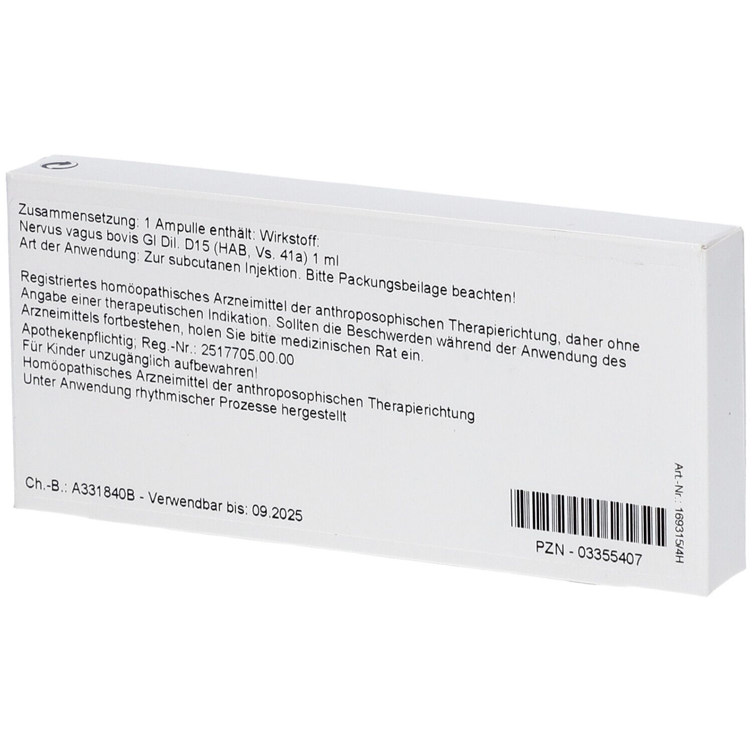 Rückseite der Schachtel. Text: Zusammensetzung, Art der Anwendung, Apothekenpflichtig. PZN-03355407. Verwendbar bis 09.2025.