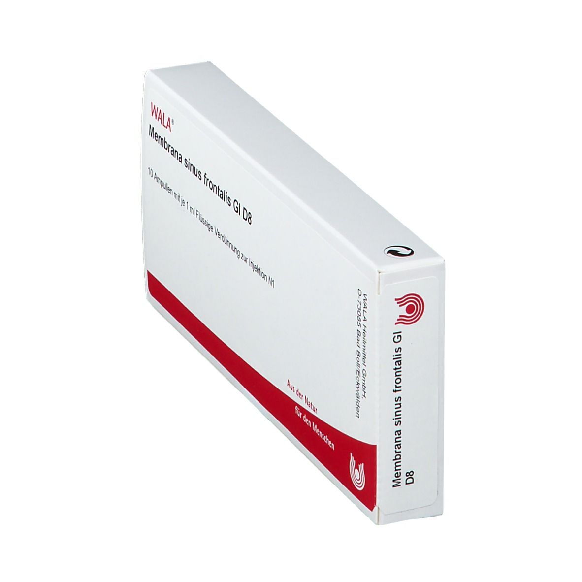 Schachtel, weiß mit rotem Streifen. Aufschrift: WALA® Membrana sinus frontalis Gl D8. Seitenansicht.