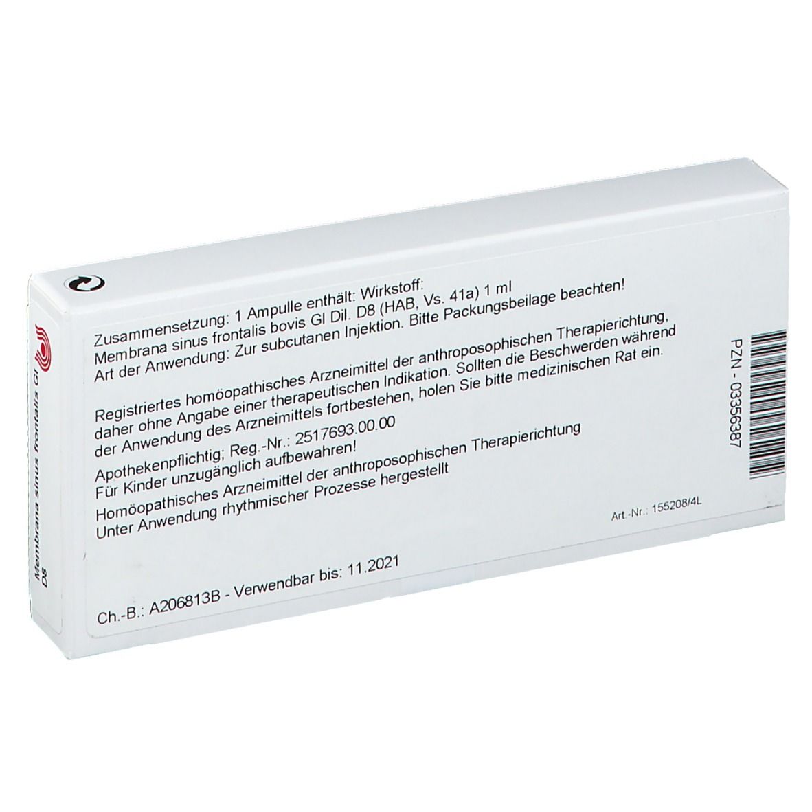 Rückseite der weißen Schachtel. Text: Zusammensetzung, Art der Anwendung, Registriernummer, Ch.-B. A206813B.