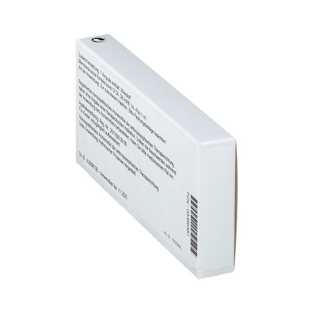 Seitenansicht der weißen Schachtel. Text: Zusammensetzung, Art der Anwendung, Registriernummer, Ch.-B. A206813B.