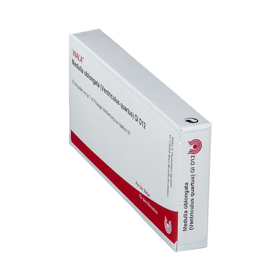 Schräg stehende weiße Faltschachtel mit roter Linie. Aufschrift: WALA Medulla oblongata (Ventriculus quartus) GI D12.