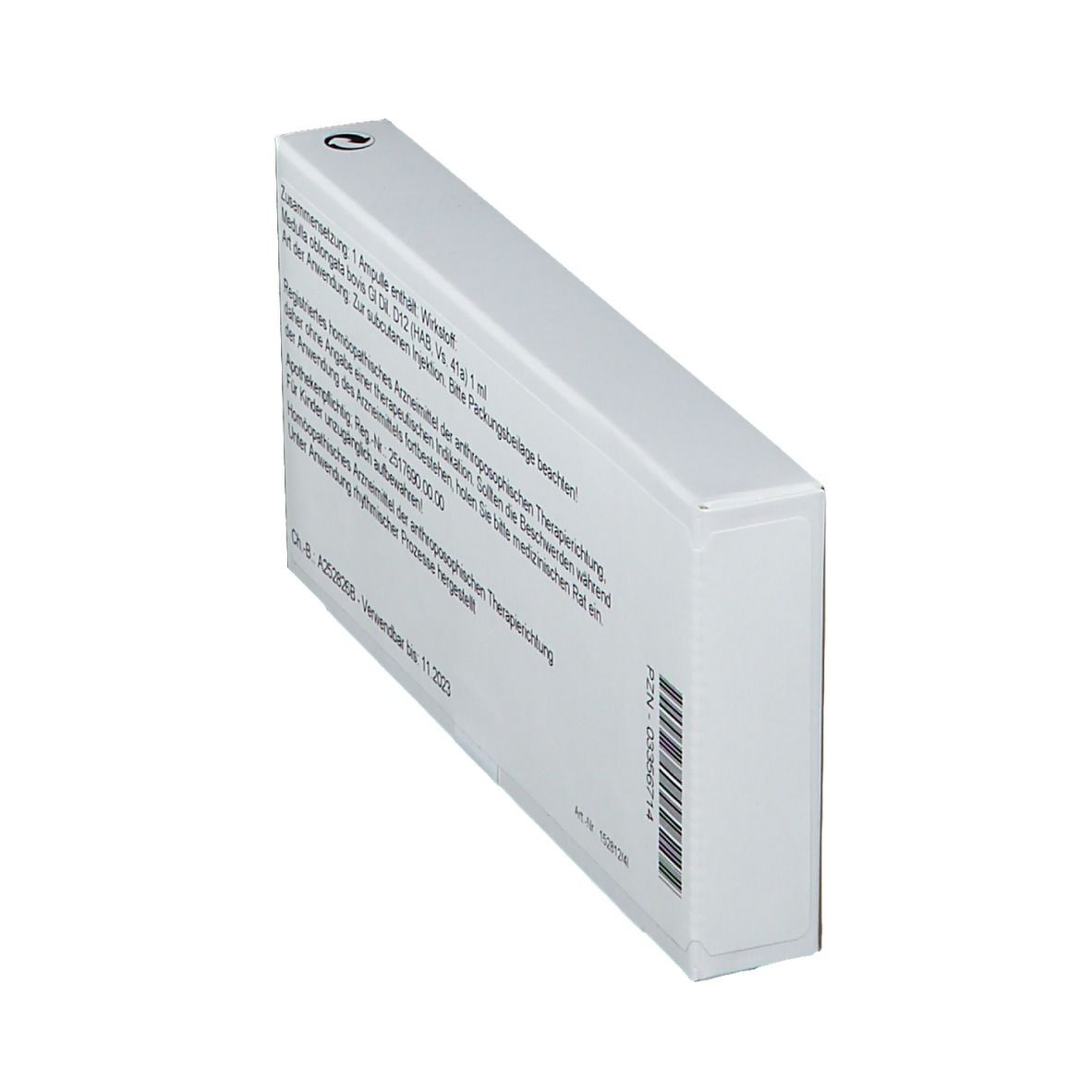 Schräg stehende Rückseite der weißen Faltschachtel. Text: Zusammensetzung, Art der Anwendung, Reg.-Nr., Apothekenpflichtig, Ch.-B. A2528268.