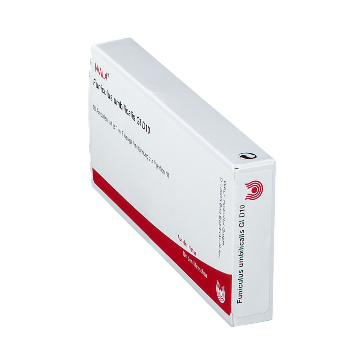 Schachtel mit rotem Streifen. Beschriftung: WALA Funiculus umbilicalis Gl D10. Ansicht von oben.