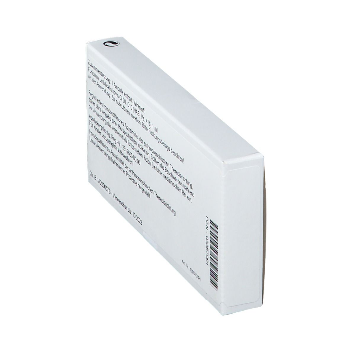 Weiße Schachtel, Rückseite. Text: Zusammensetzung, Anwendung, Chargennummer, Verfallsdatum. Herstellerinformationen.