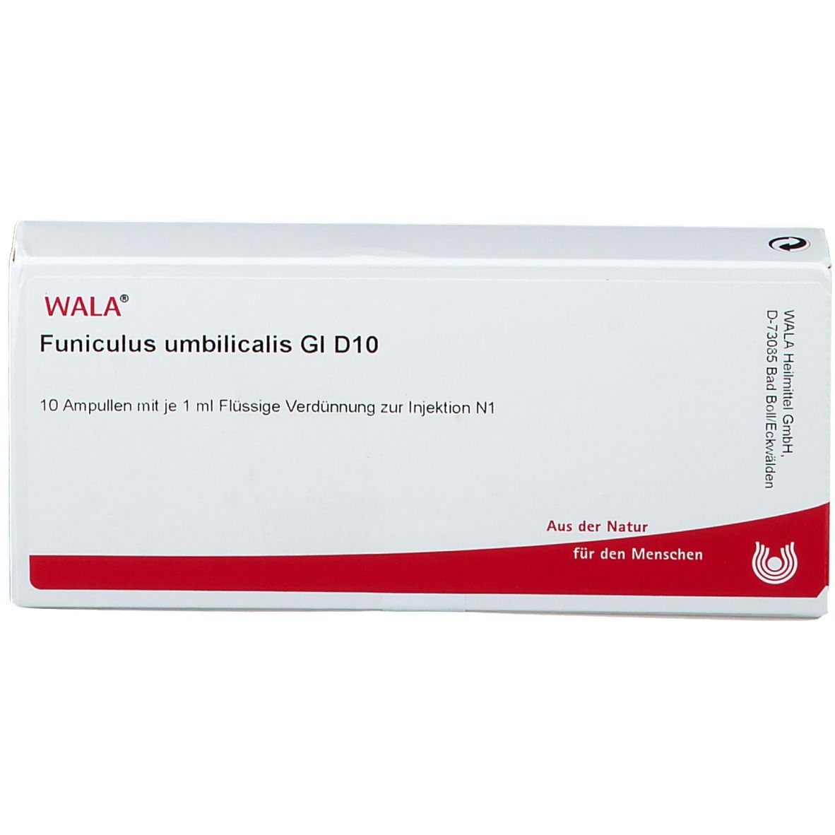 Weiße Schachtel mit rotem Streifen. Beschriftung: WALA Funiculus umbilicalis Gl D10. 10 Ampullen.