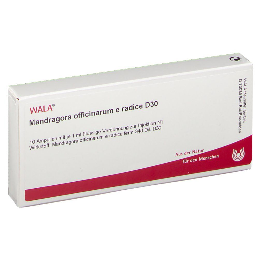 Weiße Schachtel mit roter Schrift. Aufschrift: WALA® Mandragora officinarum e radice D30. 10 Ampullen.