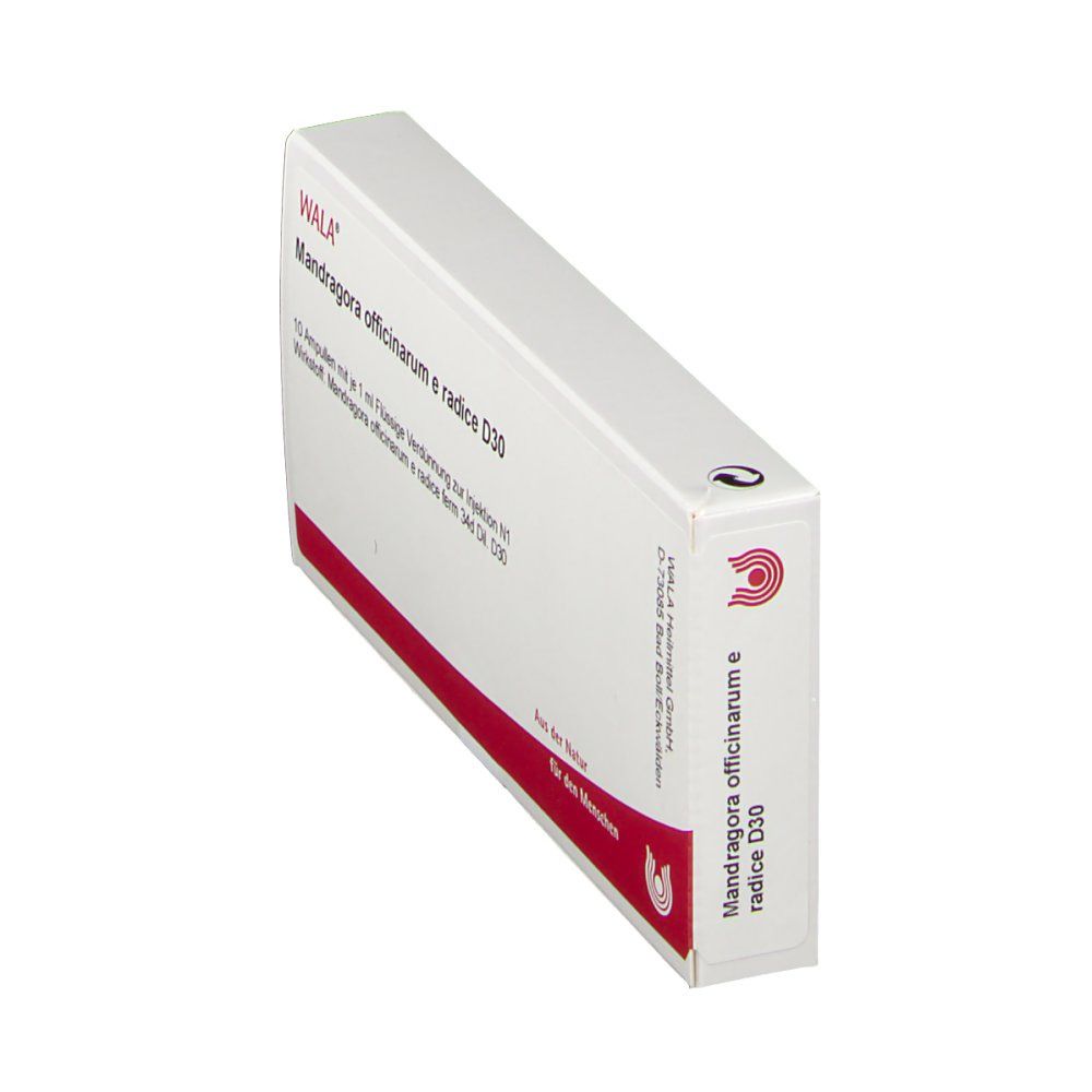 Schachtel schräg von der Seite. Aufschrift: WALA® Mandragora officinarum e radice D30. Rote Schrift auf weißem Grund.