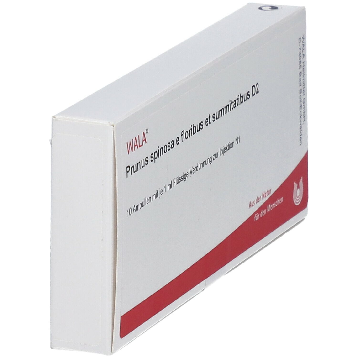 Schachtel, weiß mit rotem Streifen. Aufschrift: Wala Prunus spinosa e floribus et summatitatibus D2. Seitenansicht.