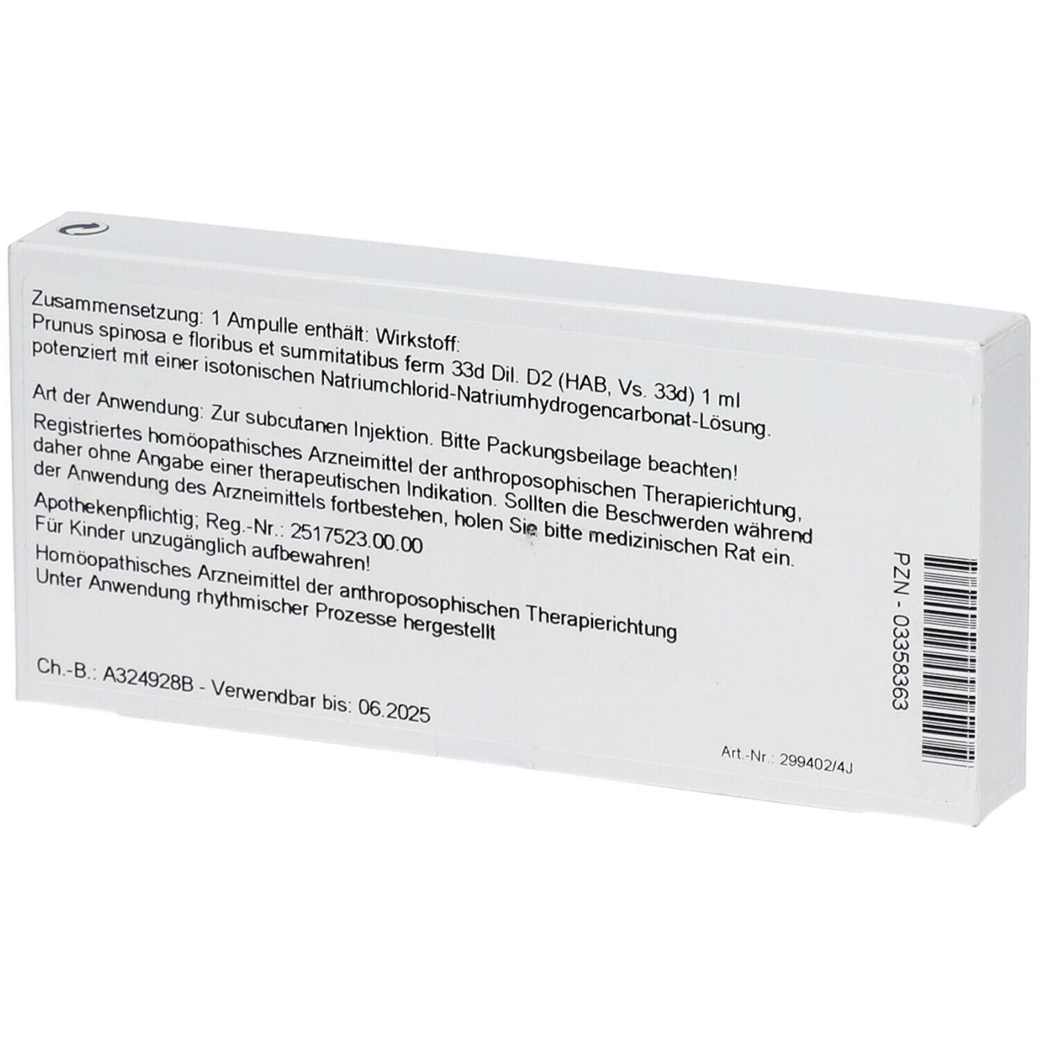 Rückseite der weißen Schachtel. Text: Zusammensetzung, Art der Anwendung, Apothekenpflichtig, Ch.-B. A324928B.