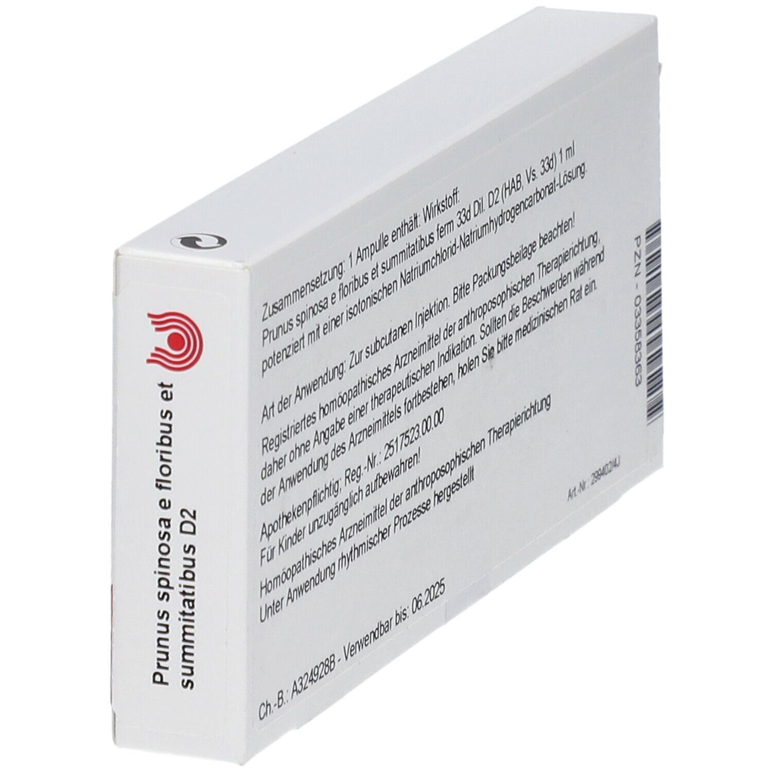 Rückseite der weißen Schachtel. Text: Zusammensetzung, Art der Anwendung, Apothekenpflichtig, Ch.-B. A324928B.