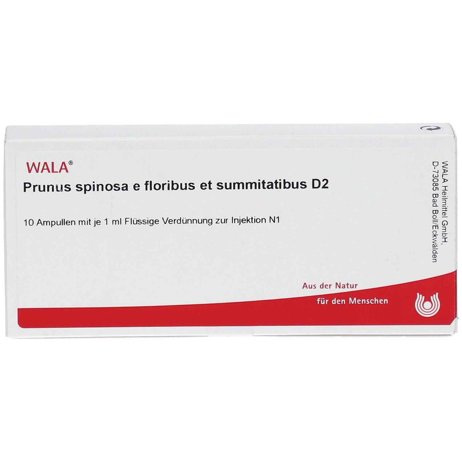 Weiße Schachtel mit rotem Streifen. Aufschrift: Wala Prunus spinosa e floribus et summatitatibus D2. 10 Ampullen.