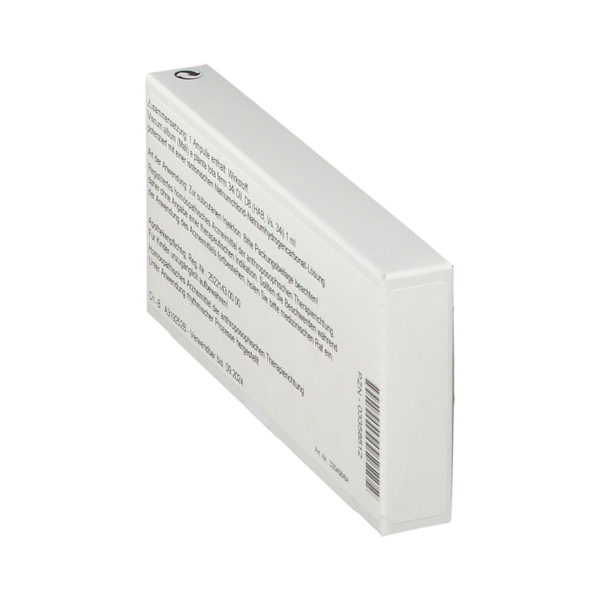 Rückseite der WALA® Viscum Mali e planta tota D 8 Amp. Packung. Text und Barcode.